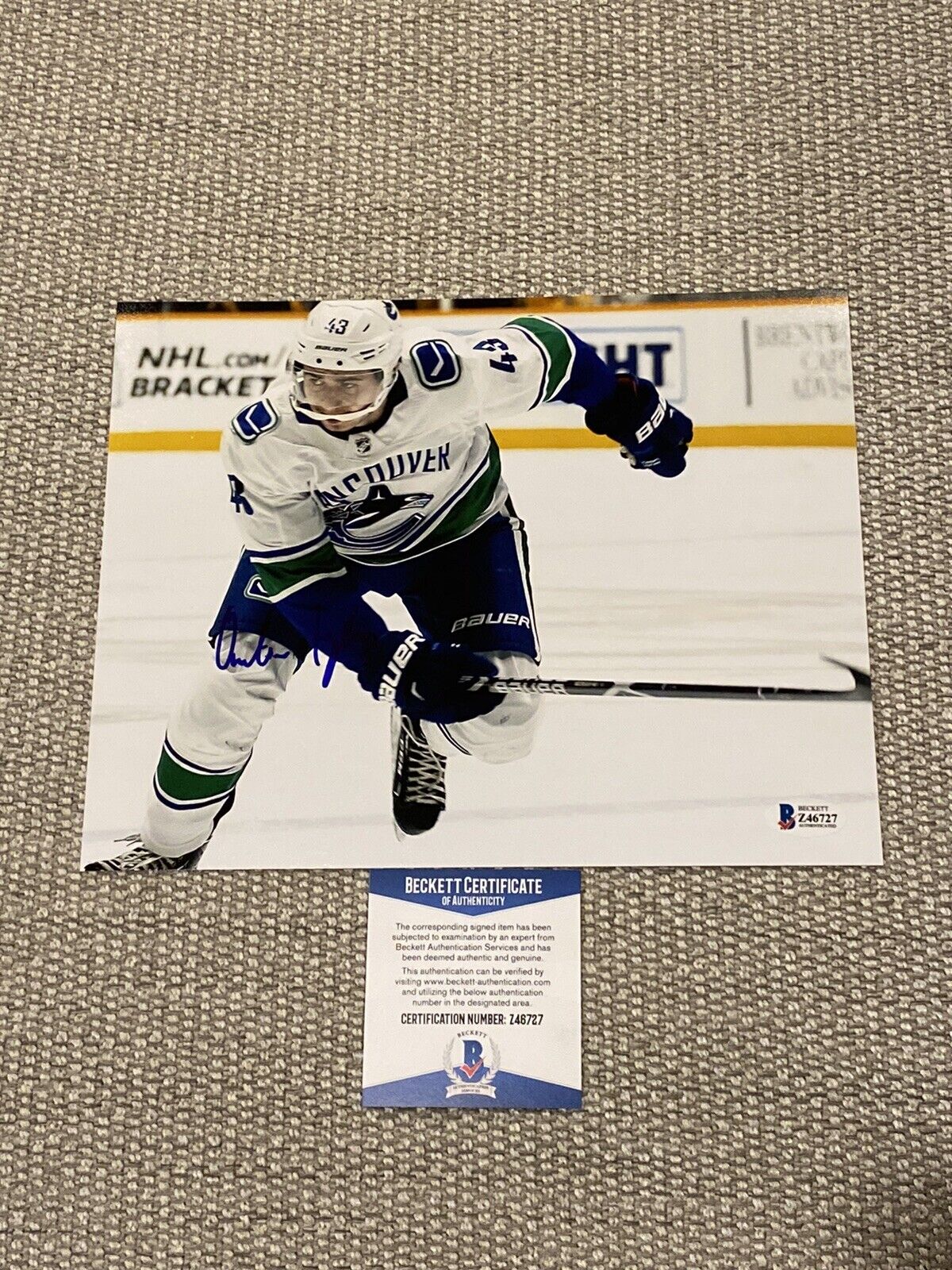 BECKETT COA! QUINN HUGHES Signed Autographed 8x10 Photo Poster painting Vancouver Canucks Hockey