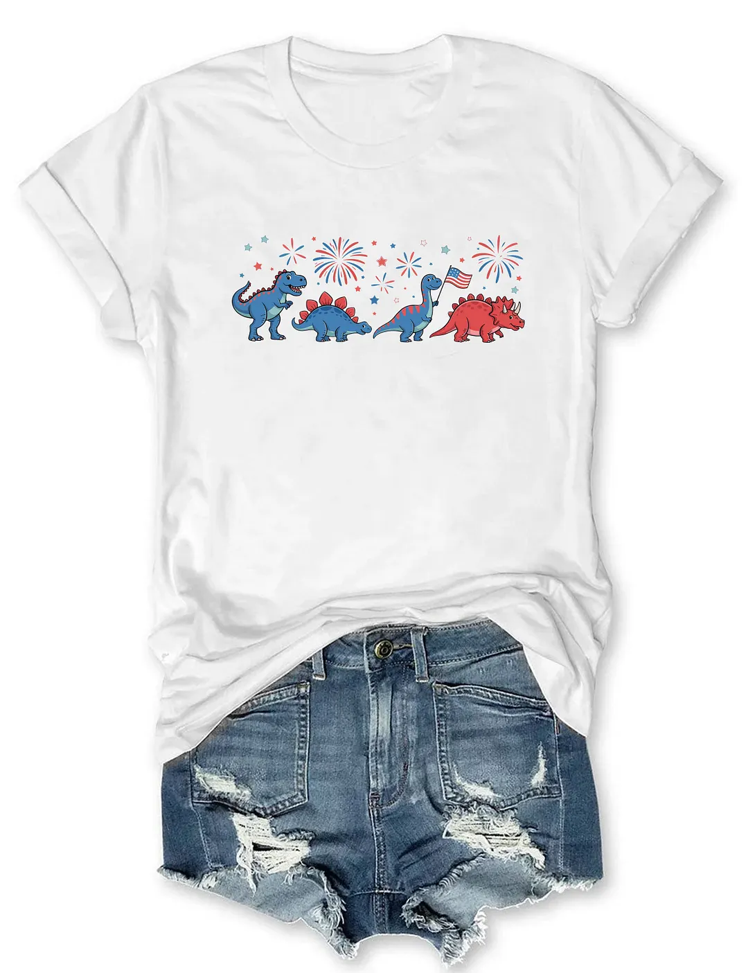 Cute Dinosaur American Flag Fireworks T-shirt