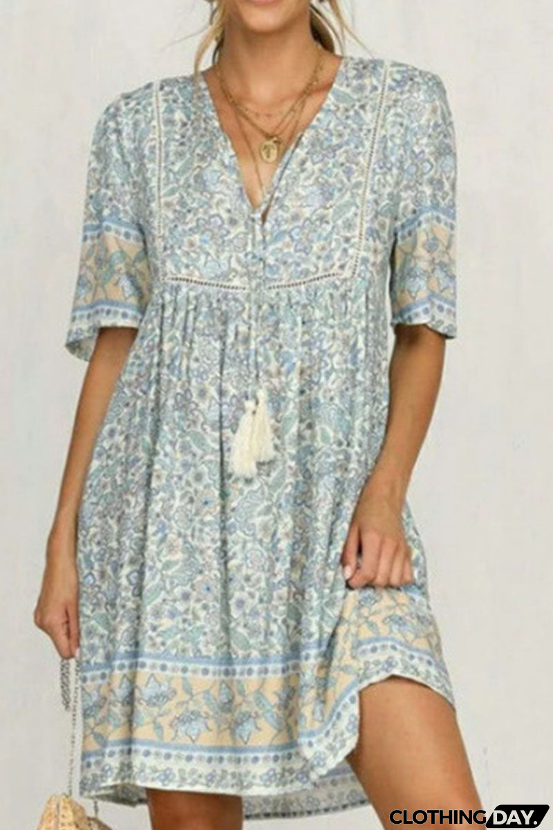 Fashion Sweet Print Patchwork V Neck Princess Dresses