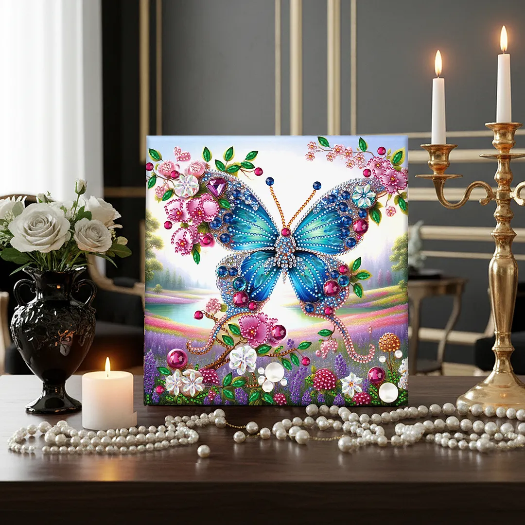 Butterfly DIY Special Shape Drill Diamond Art Pearl Painting Kit with Frame 25x25cm Art Craft Pearl Diamond Painting for Adults Beginners Home Decor