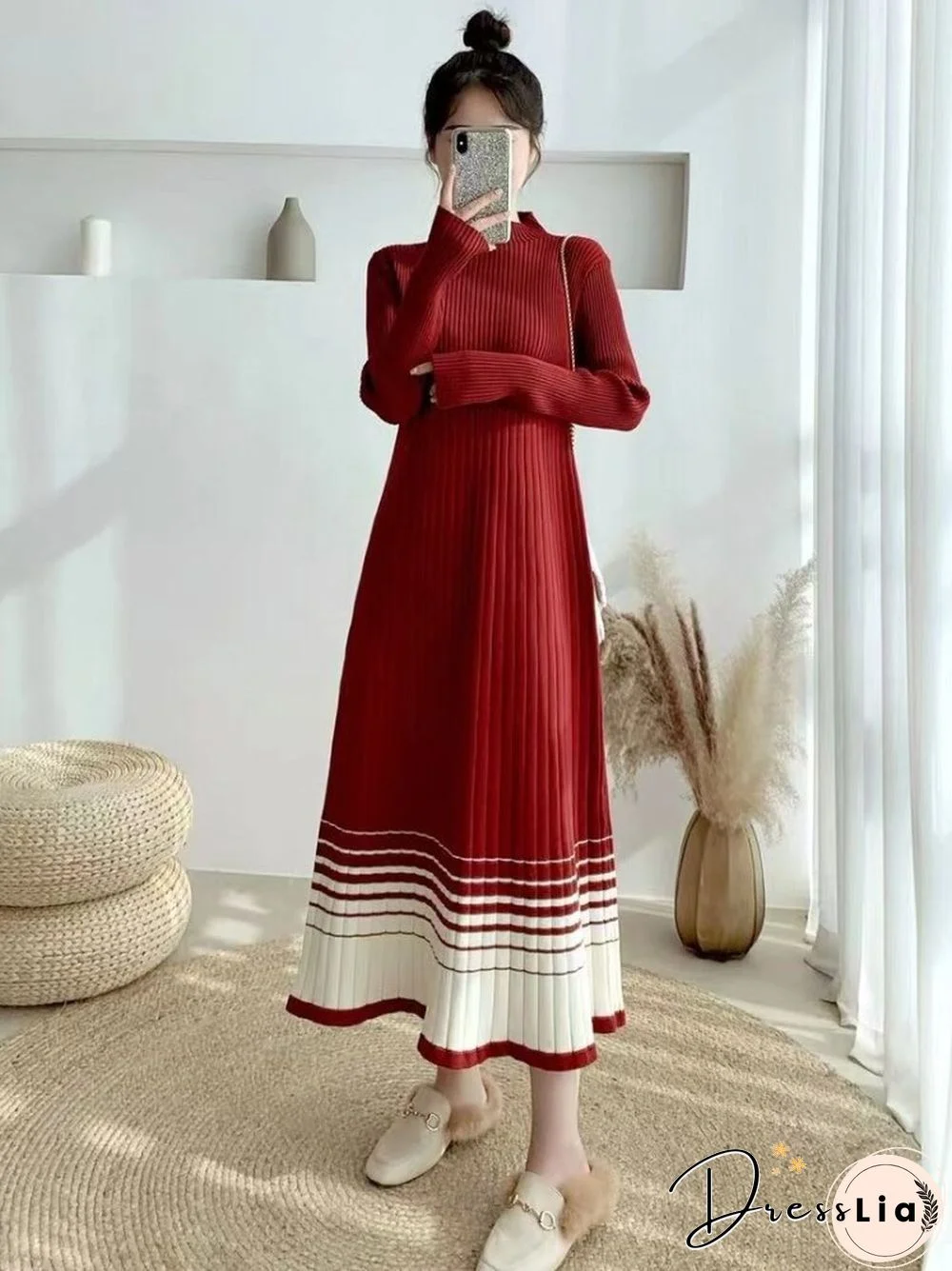 Autumn Winter New Women's Striped Knitting Pullover Dress Women's High Waist Loose Korean Fashion Long Sleeve Knitting Dress Top