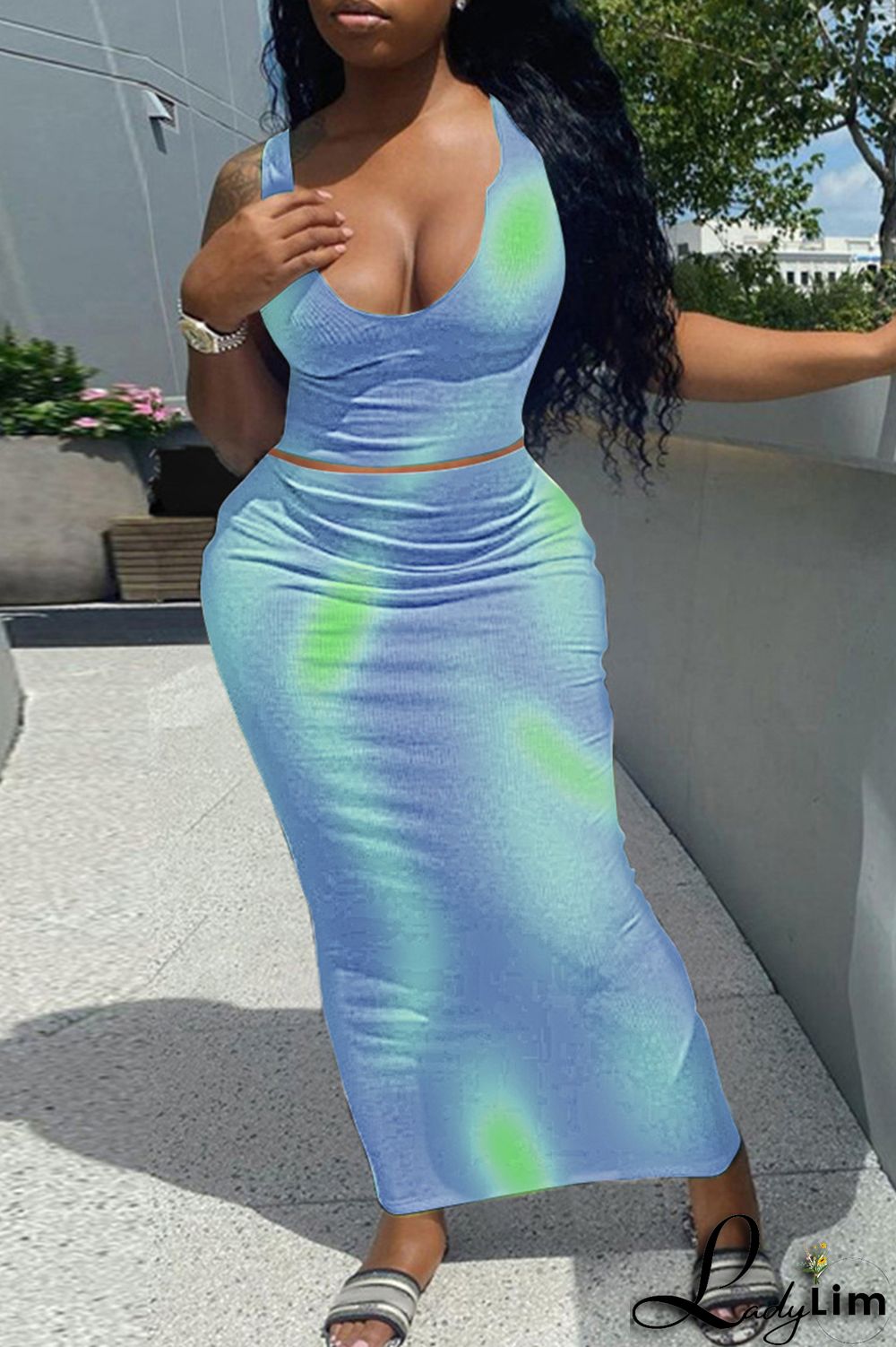 Green Fashion Sexy Print Tie-dye U Neck Sleeveless Two Pieces