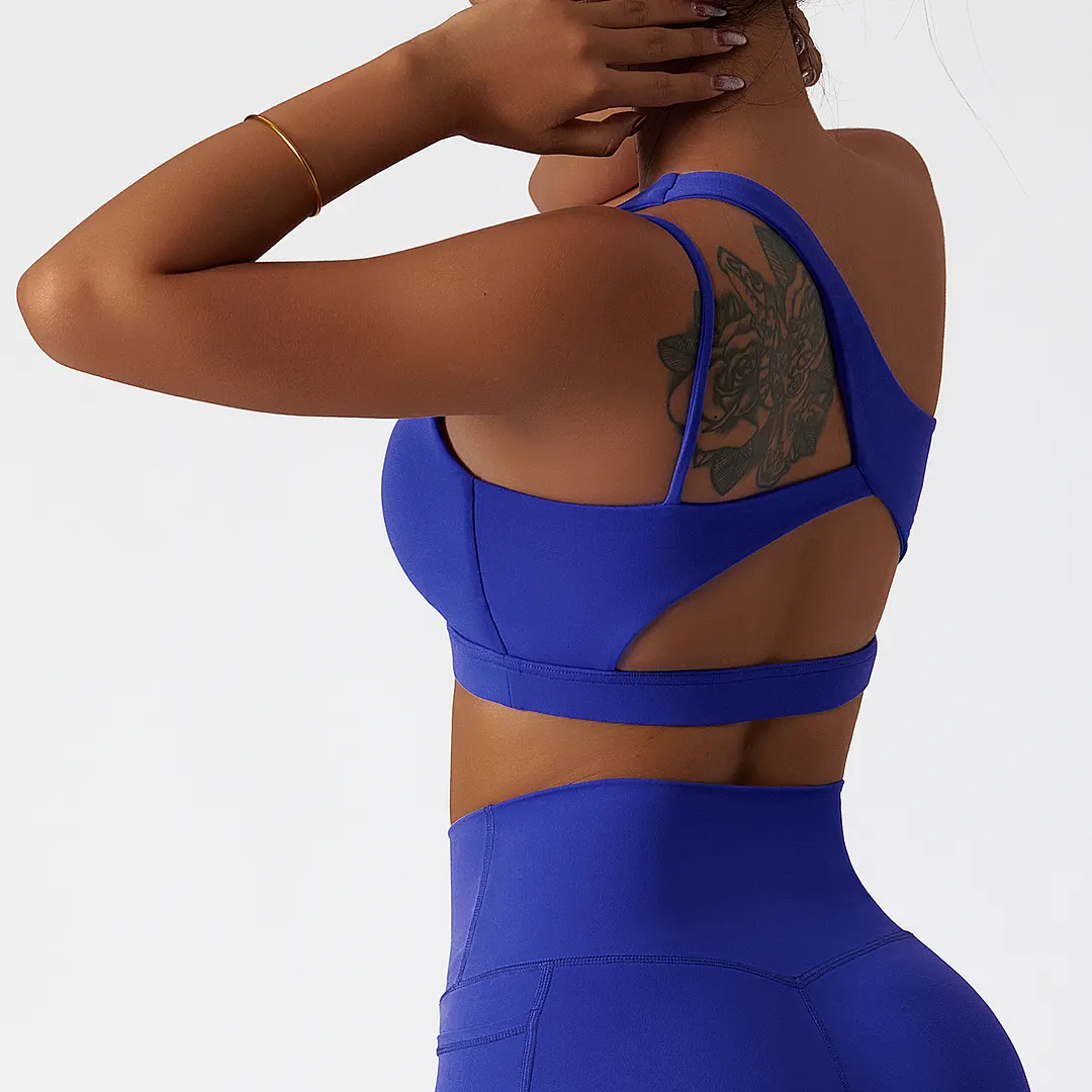 Buy Hergymclothing Klein Blue oblique single shoulder anti slip open back running gym fitness sports bra at an affordable price