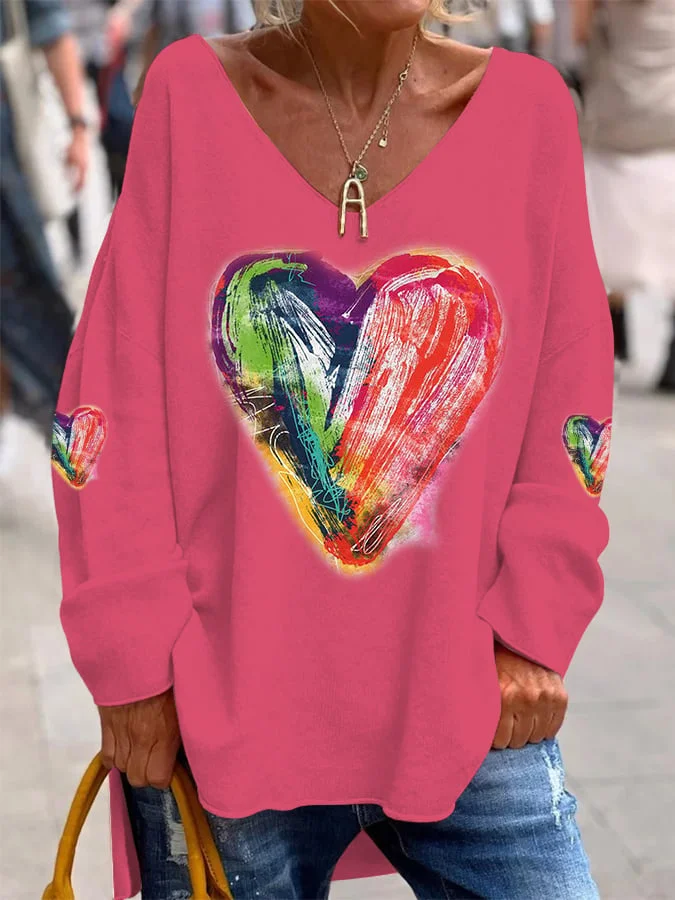 Women's Pride Month Rainbow Colorful Love Heart Print Casual V-Neck Top