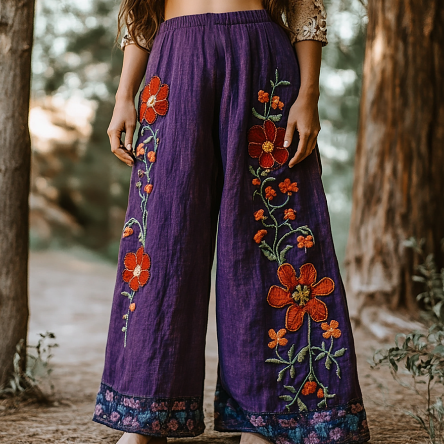 Holiday Style Linen Bohemian Floral Print Linen Long Loose Wide-leg Pants