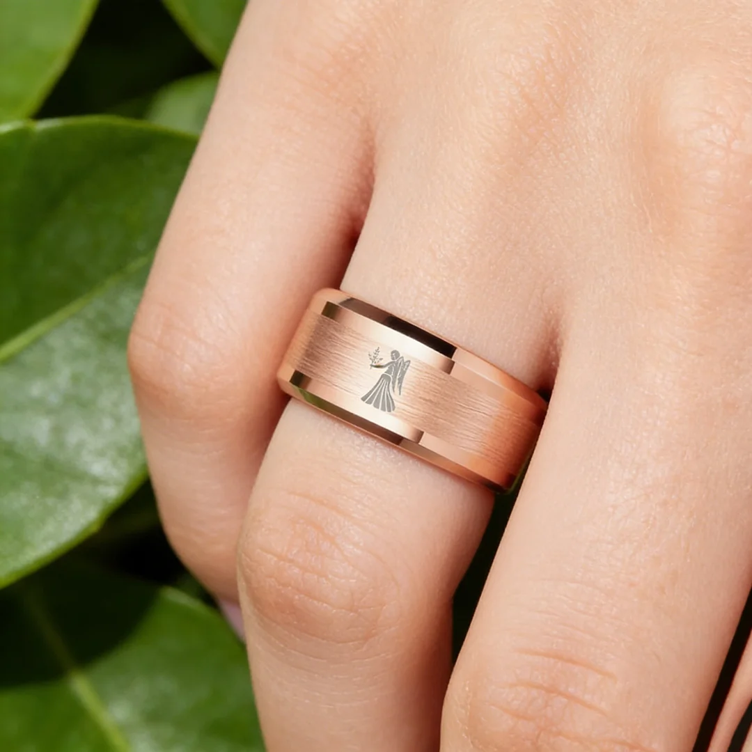 Beveled Edges Rose Gold Laser Etched Tungsten Carbide Ring Rose Gold Virgo Couple Wedding Band 4MM 6MM 8MM