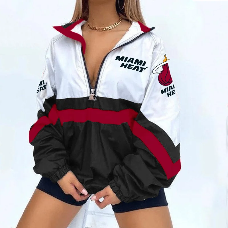 Women's Support Miami Heat Basketball Print V Neck Zipper Sweatshirt Jacket