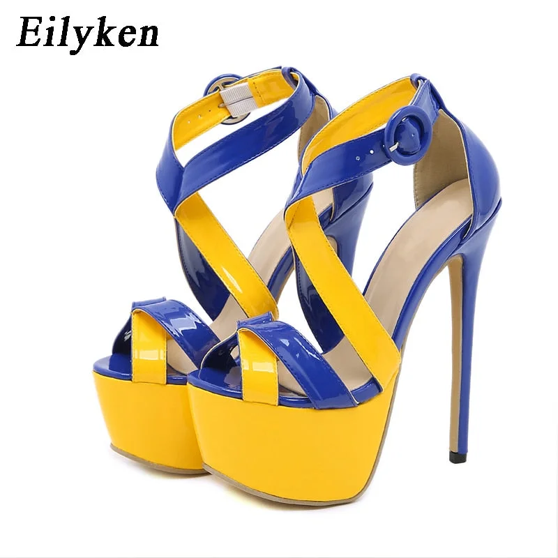 Eilyken Blue High Heels Women Fashion Open Toe Ankle Buckle Strap Platform Sandals Ladies Nightclub Party Dress Shoes Size 42