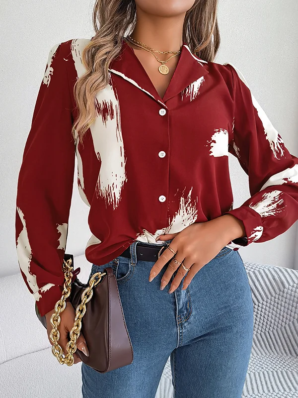 Buttoned Printed Long Sleeves Loose Notched Collar Blouses&Shirts Tops