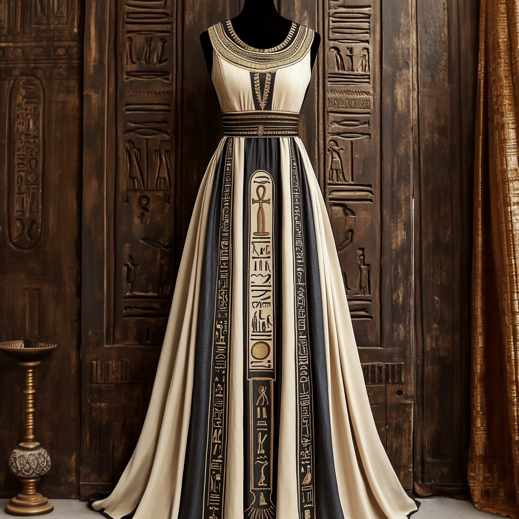 Vintage Ankh Ancient Egyptian Embroidered Linen Maxi Dress