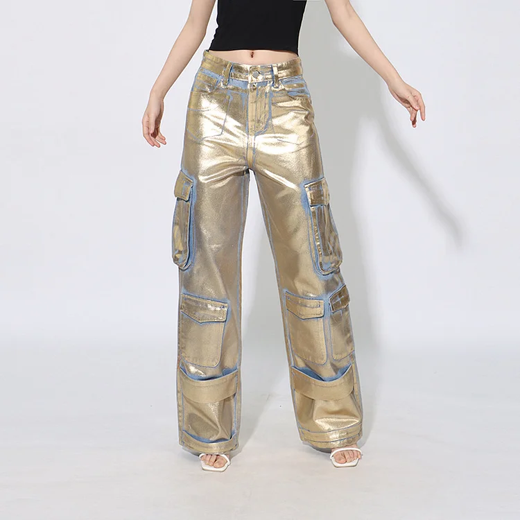 Personalized Metallic High Waisted Straight Leg Jeans