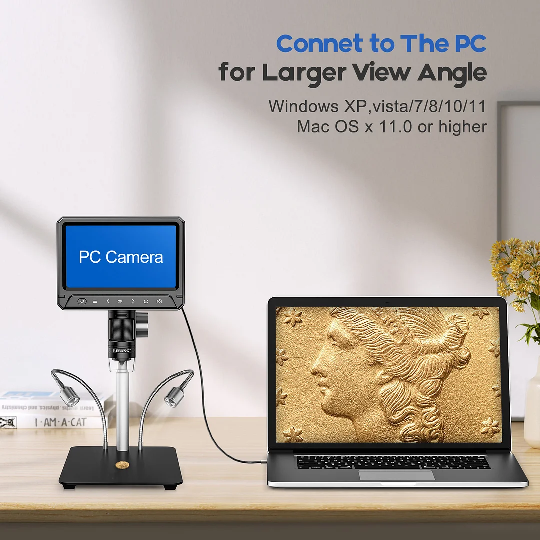 BEBANG 7" Coin Microscope, 1200X LCD Digital Microscope with 8 Adjustable LED Lights, 2 Flexible Side Lights, PC View Compatible with Windows Mac OS, 32GB