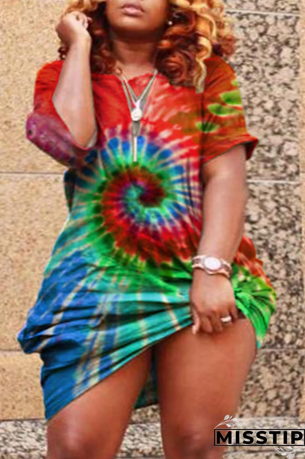 Hide Blue Fashion Casual Tie Dye O Neck Plus Size Dresses