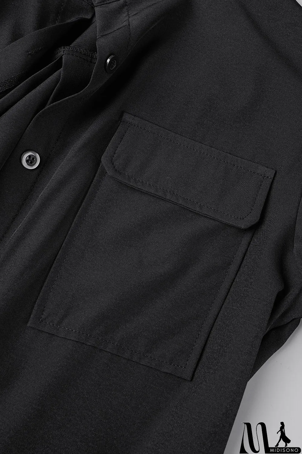 MidiSono - Brown Casual Solid Patchwork Buckle Turndown Collar Tops