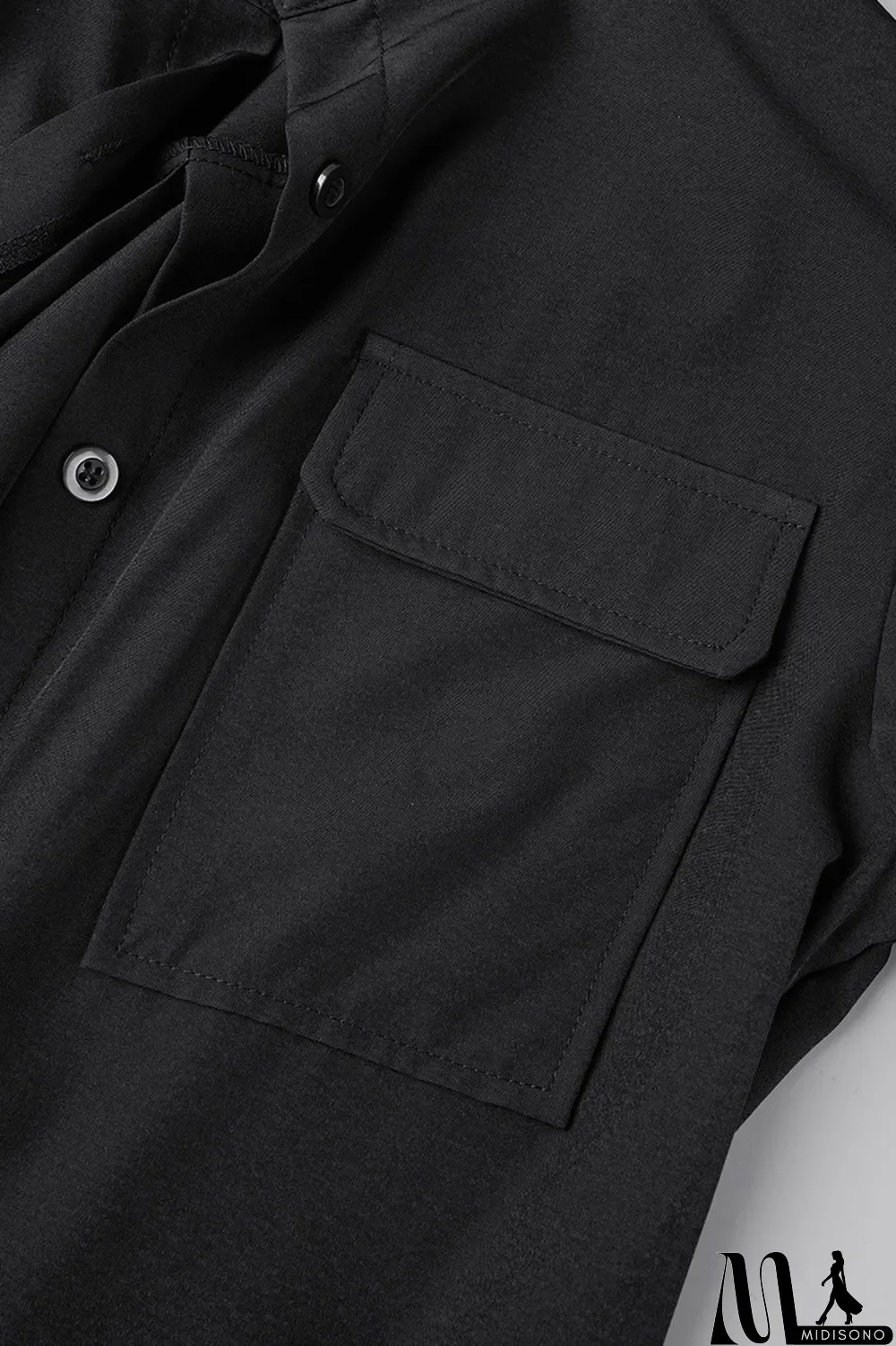 MidiSono - Brown Casual Solid Patchwork Buckle Turndown Collar Tops