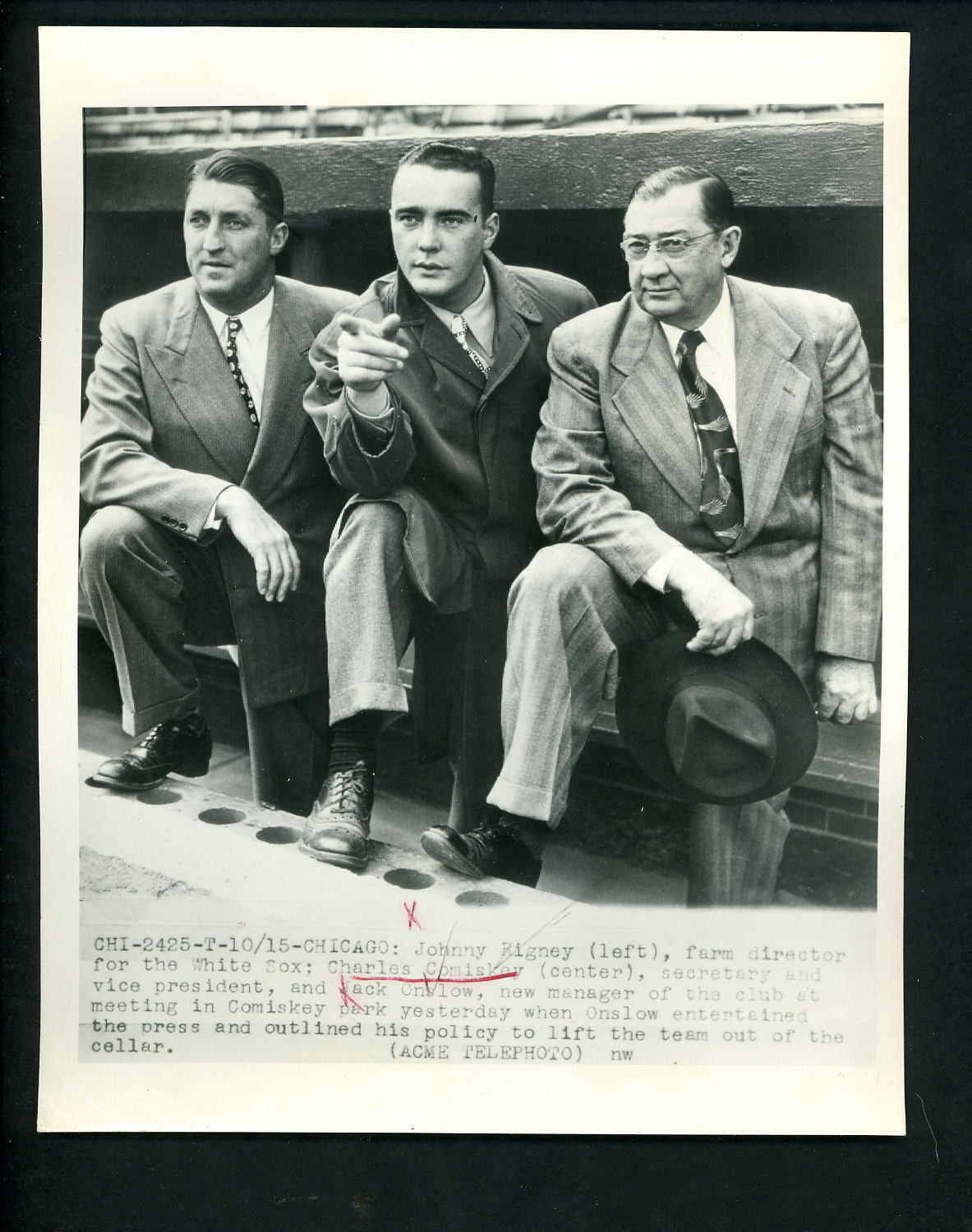 John Rigney Charles Comiskey Jack Onslow 1948 Press Photo Poster painting Chicago White Sox