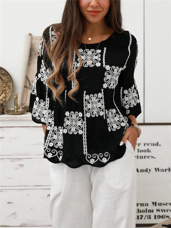 Black-White Crew Neck Cotton-Blend Boho Shirts & Tops