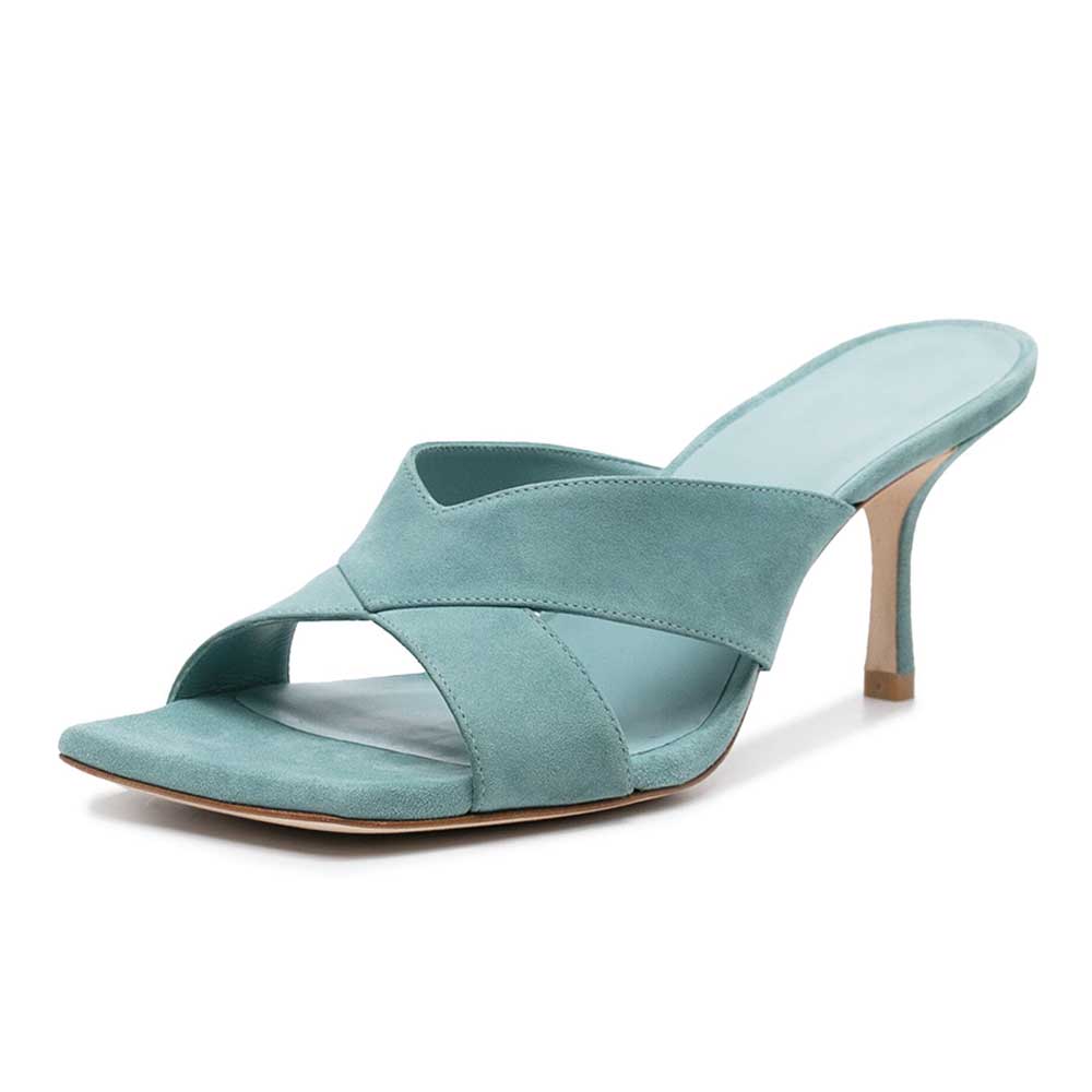 Teal Open Square Toe Stiletto Heel Mules Shoes with Criss-Cross Strap Nicepairs