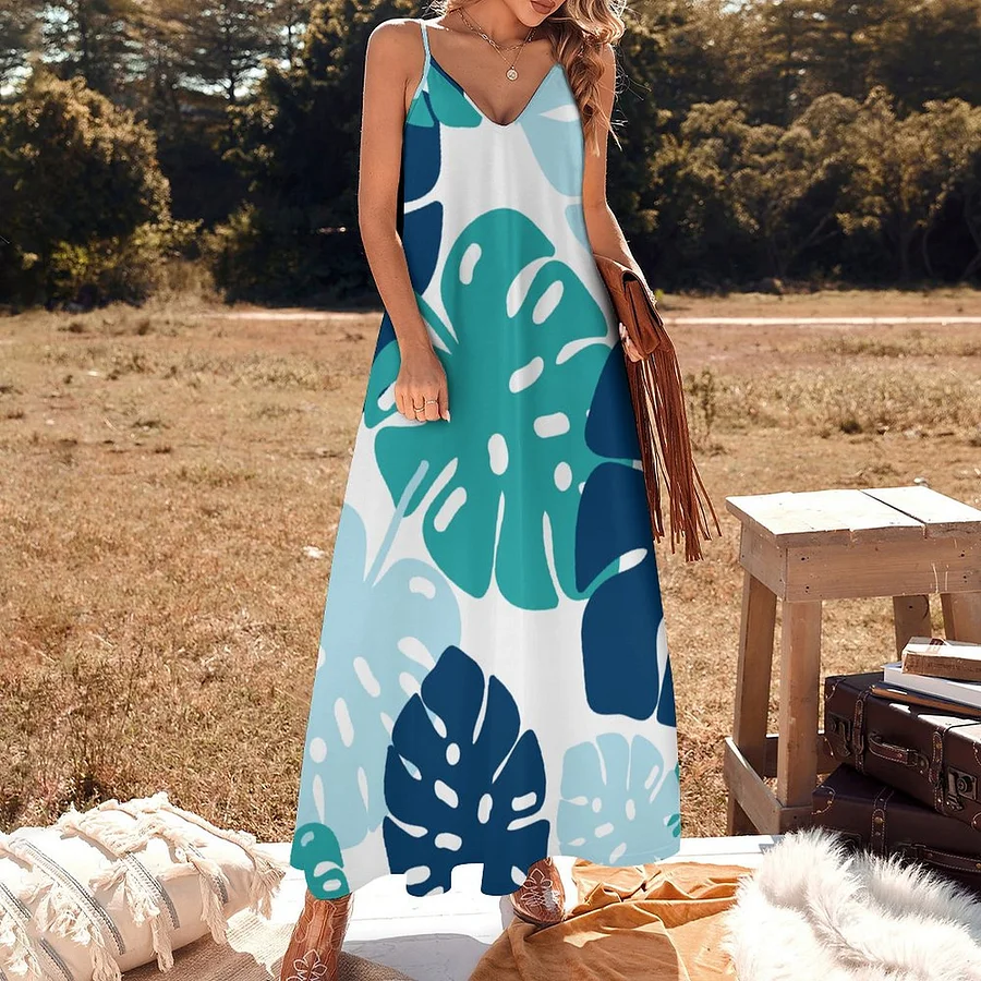 Blue Tropical Monstera Leaf Women's Casual Strappy V Neck Sleeveless Flowy Loose Long Maxi Beach Dress Sundress Blue-M
