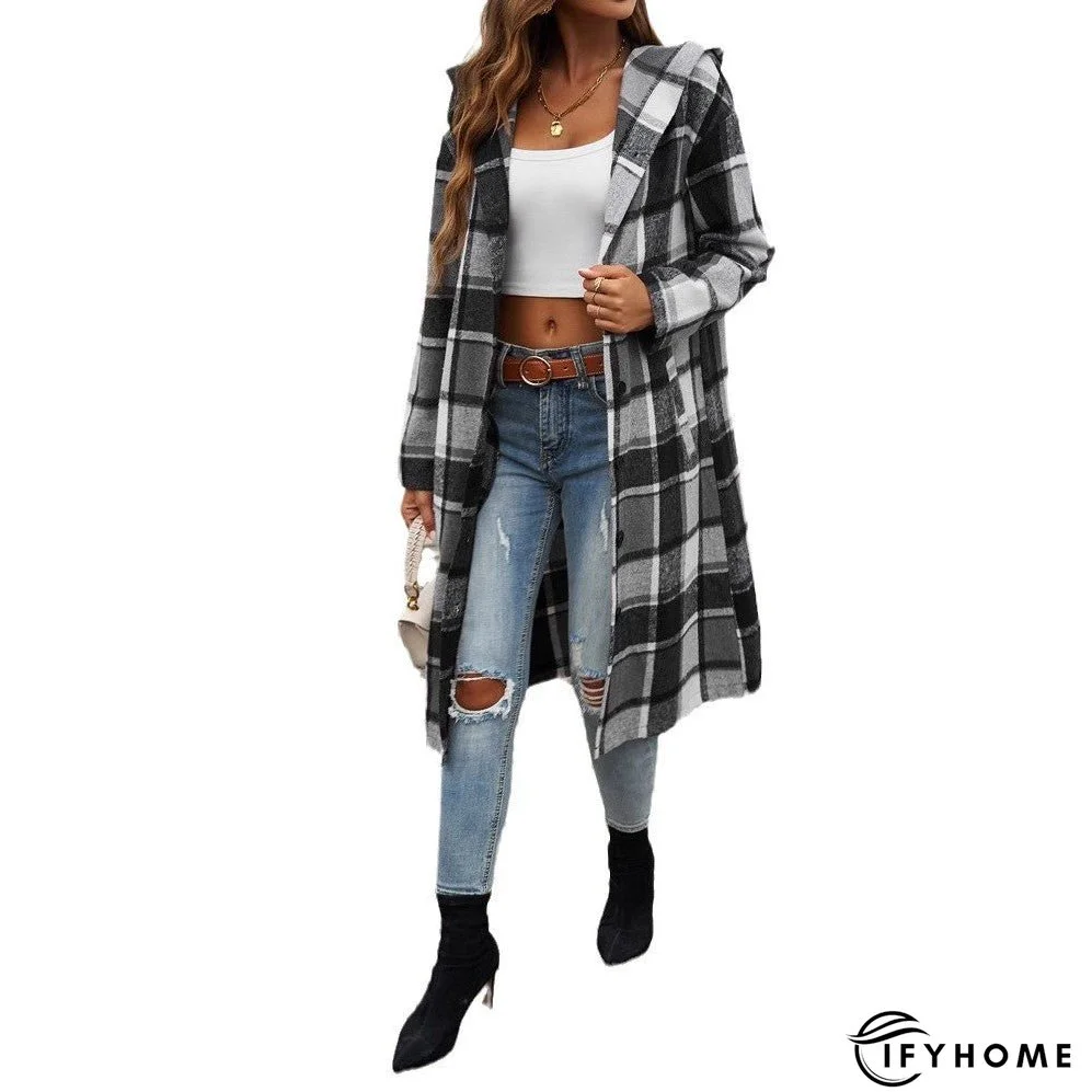 Women's Fashion Plaid Hooded Long-sleeved Woolen Coats | IFYHOME
