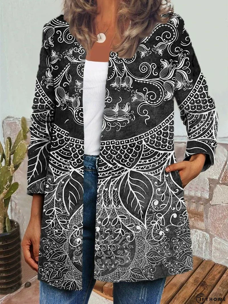 Black Cotton-Blend Long Sleeve Printed Round Neck Knit coat | IFYHOME