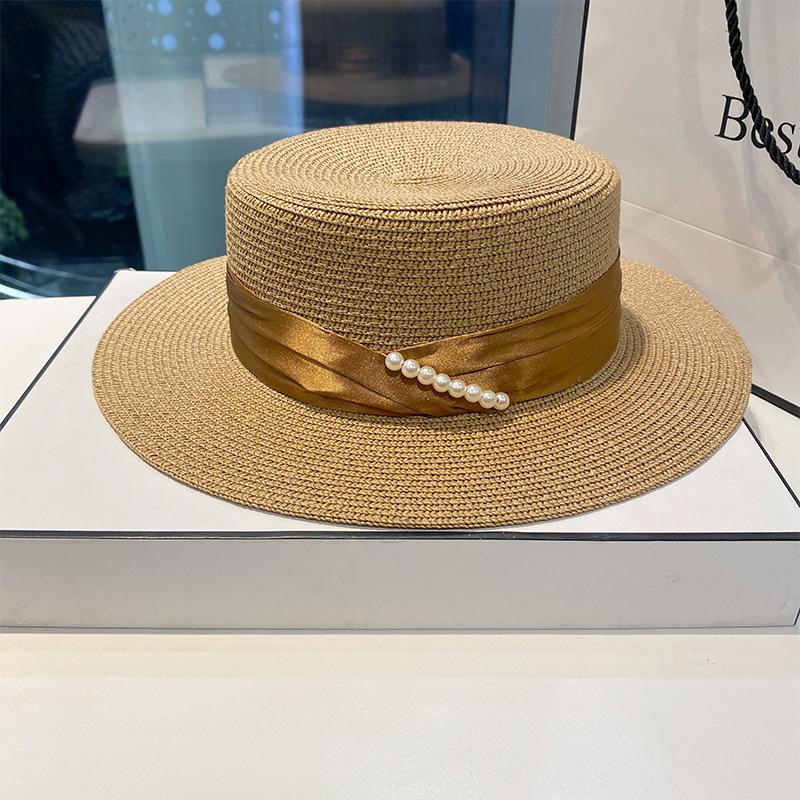 Vacation Khaki Satin Ribbon Pearls Straw Hat 2024 - Flycurvy 
