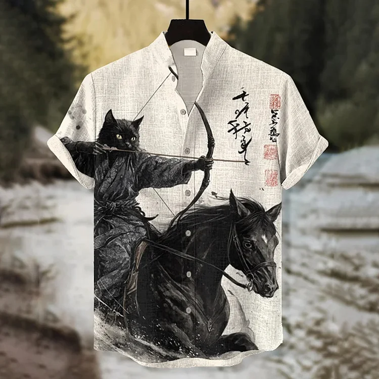 Men's Retro Calligraphy War-horse Black Cat Showa Archer Print Short Sleeve Shirt