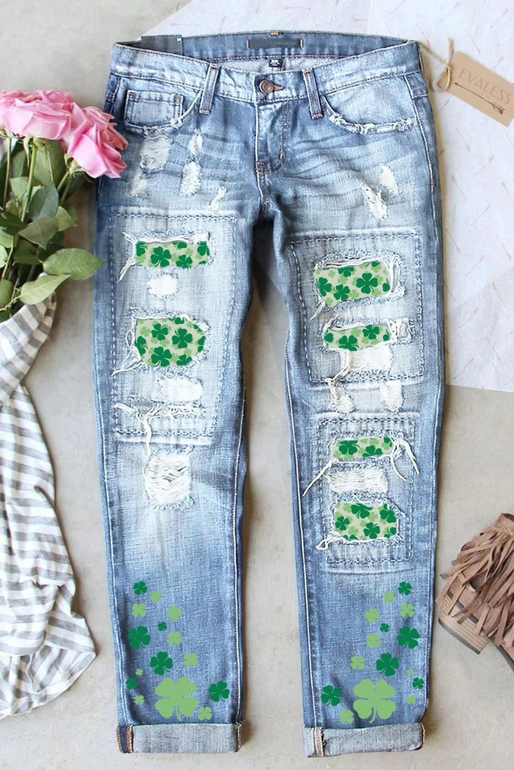 Saint Patrick's Day Clover Ripped Casual Jeans