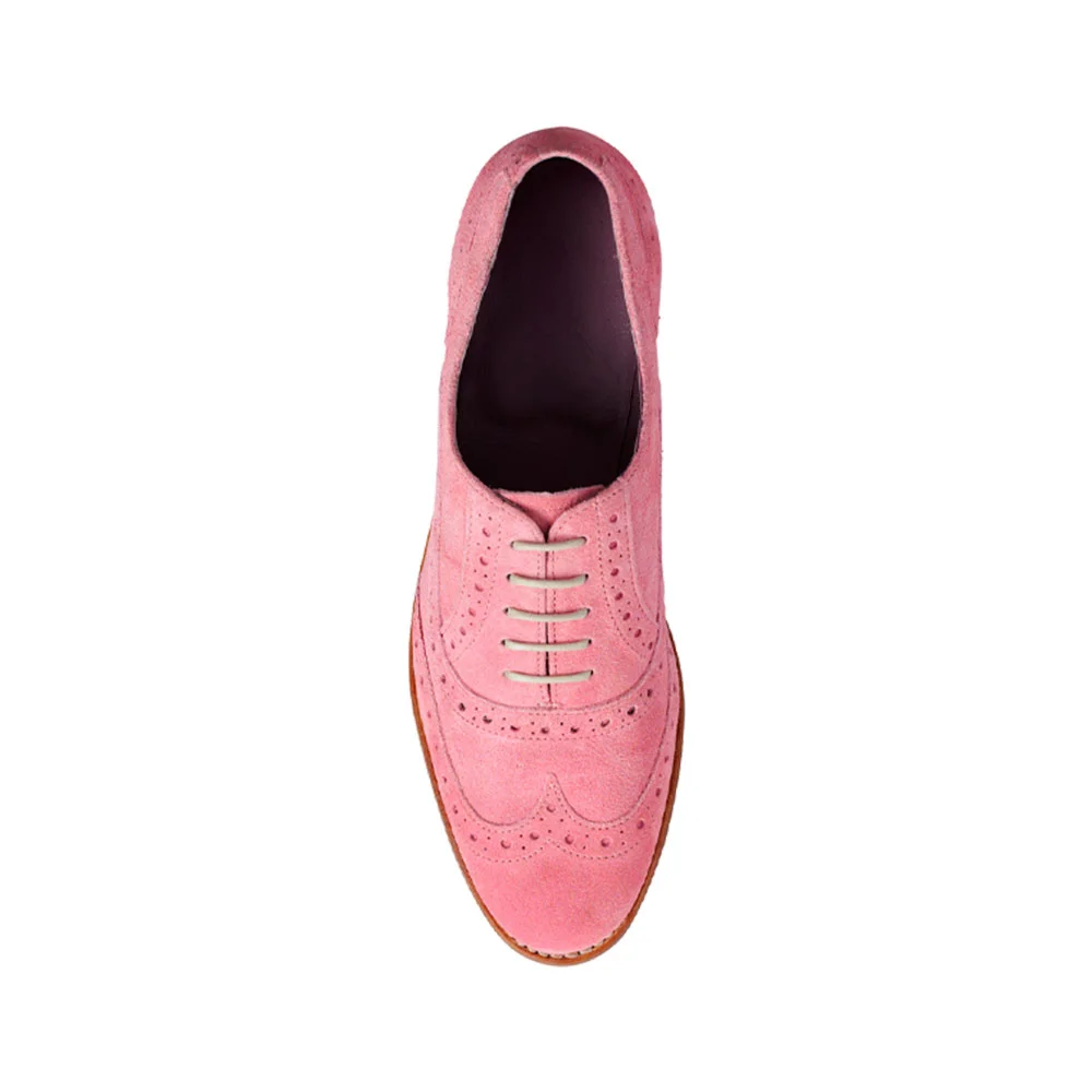 Classic Pink Vegan Suede Round Toe Punched Flat Wingtip Shoes