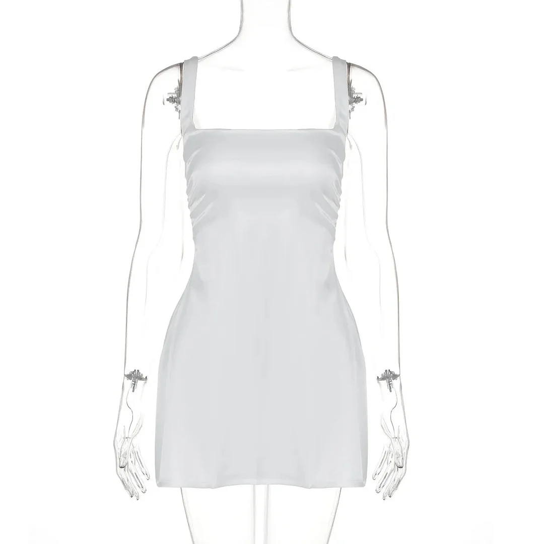 Toloer Solid Satin Square Neck Strap Mini Dress-Outfit Ideas