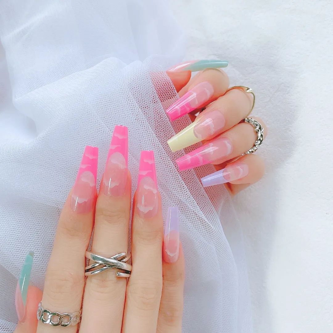 24pcs Long Coffin False Nails Wearable Ballerina Fake Nails Orange gradient gold foil nails Full Cover Nail Tips Press On Nails-Nail Inspo