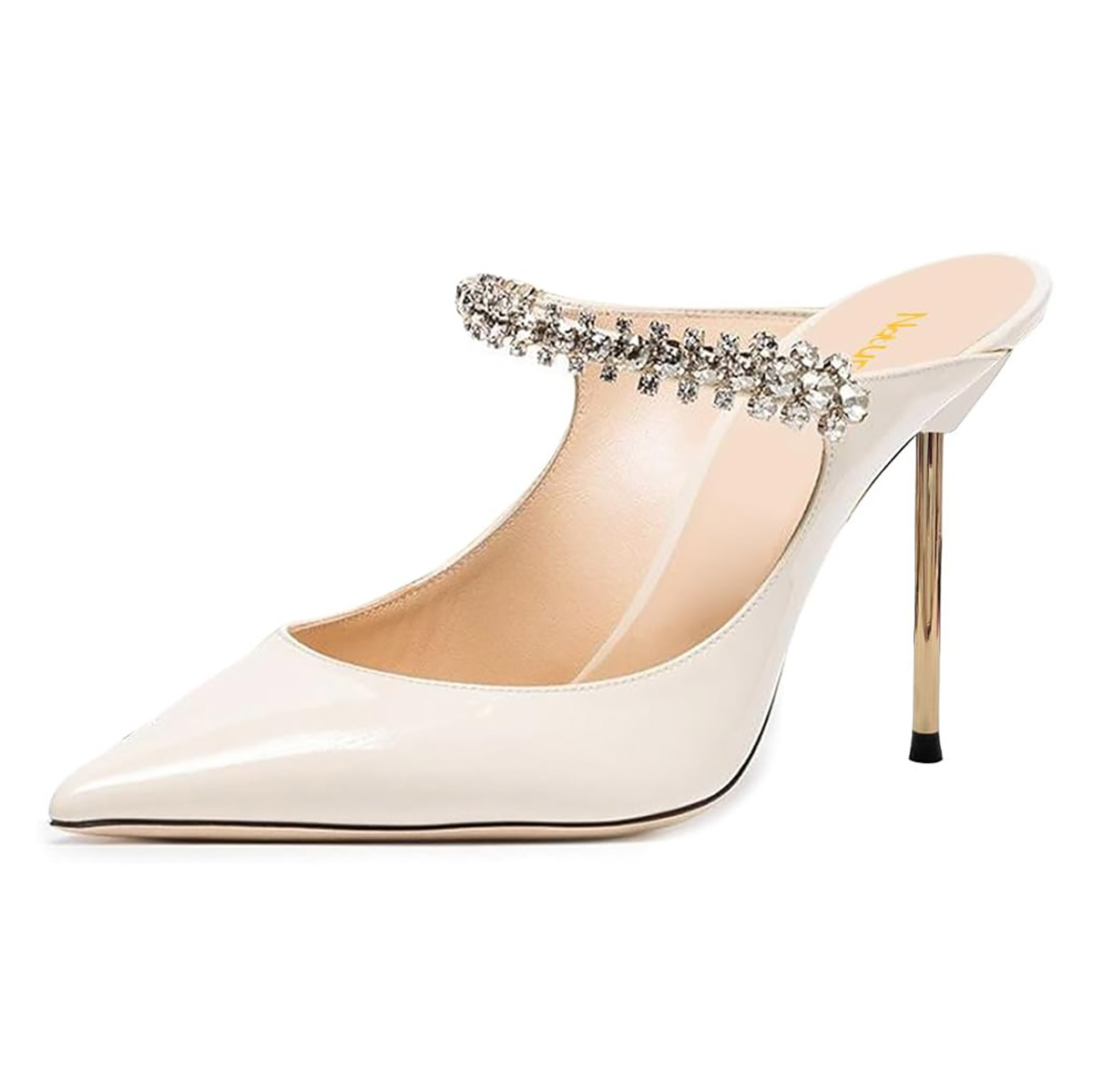 Ivory Patent Pointed Toe Rhinestone Strap Stiletto Heeled Mules Nicepairs