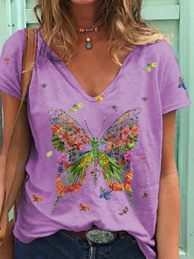 Women Butterfly Print V Neck Short Sleeve T Shirt P157809512