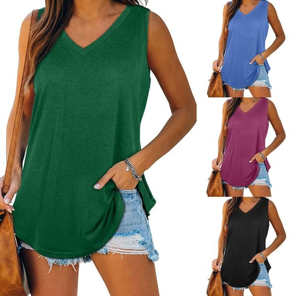 Summer Women's Fashion V-Neck Sleeveless Tops Casual Solid Color Shirts Vest Camisole Ladies Fashion Loose Tank Tops Plus Size XS-5XL - BlackFridayBuys