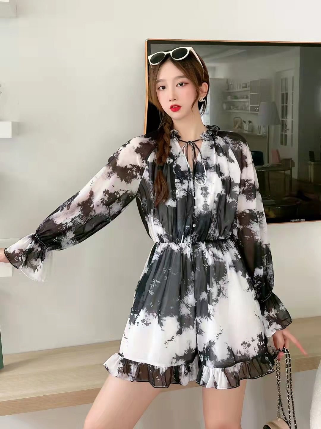 Real Price Spring Tie-dyed Lace-up Long Sleeve Chiffon Short Dress For Women