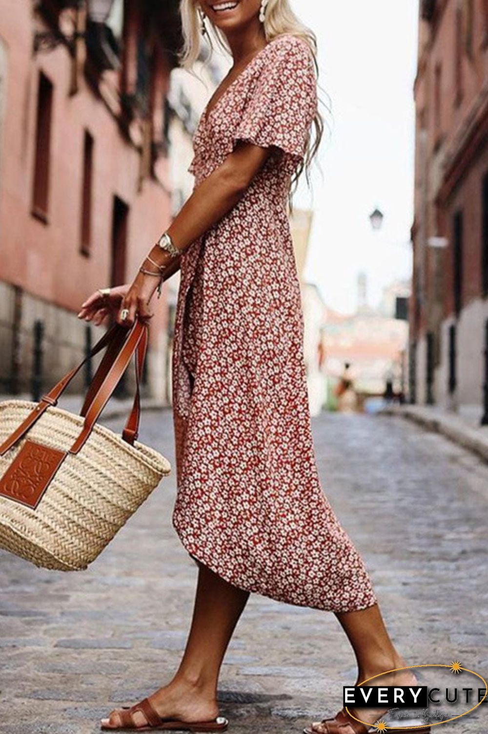 Fashion Street Print Split Joint V Neck Irregular Dresses