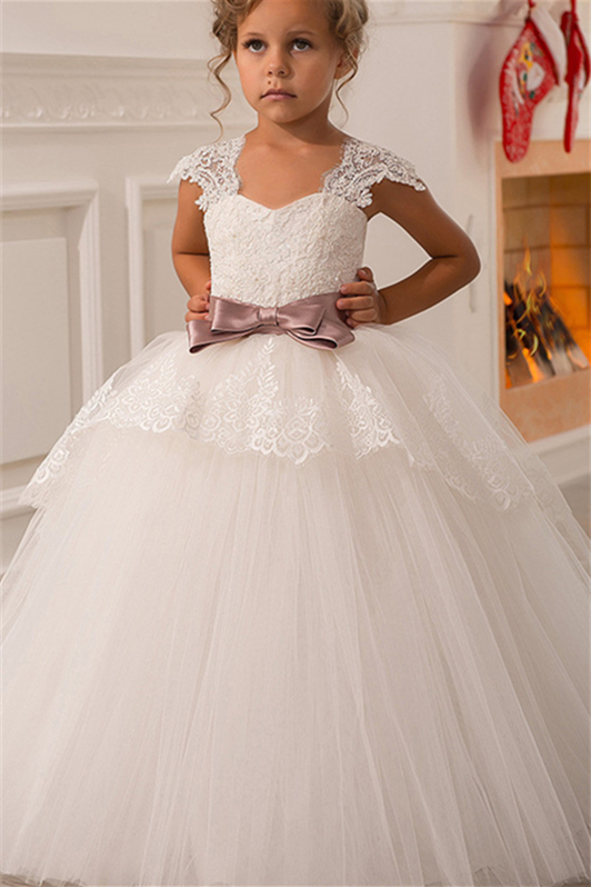 Fabulous Cap Sleeves Flower Girl Dress Ball Gown Princess With Lace Appliques - lulusllly