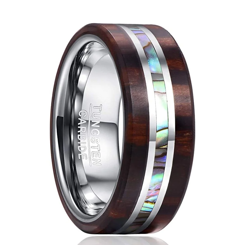 8mm Wood and Abalone Shell Inlay Tungsten Carbide Rings Men's Wedding Bands