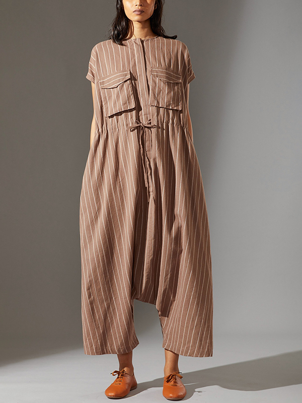 Front Pocket Drawstring Stripe Jumpsuit