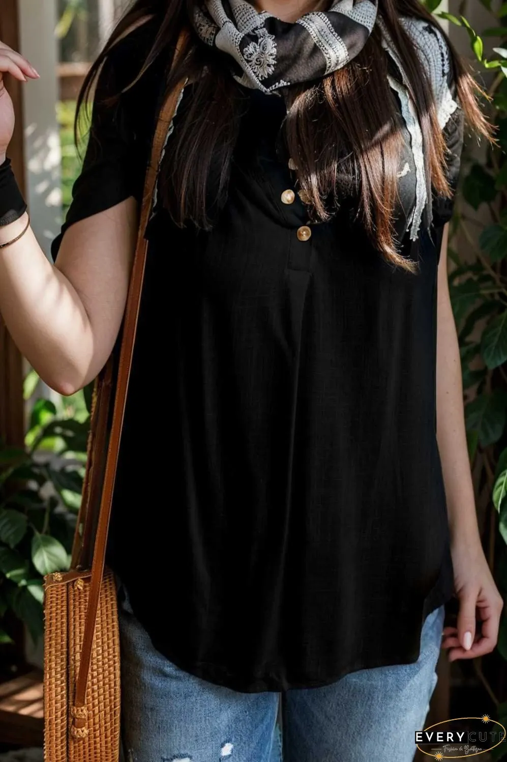 chic black ruffle trim v neck tank top