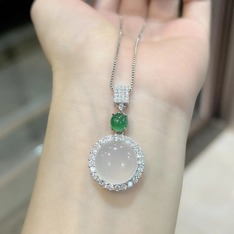 Temperament Fashion Natural Chalcedony Earring Ring Pendant Necklace Jewelry Set High Ice Complete Jade Three-piece Set