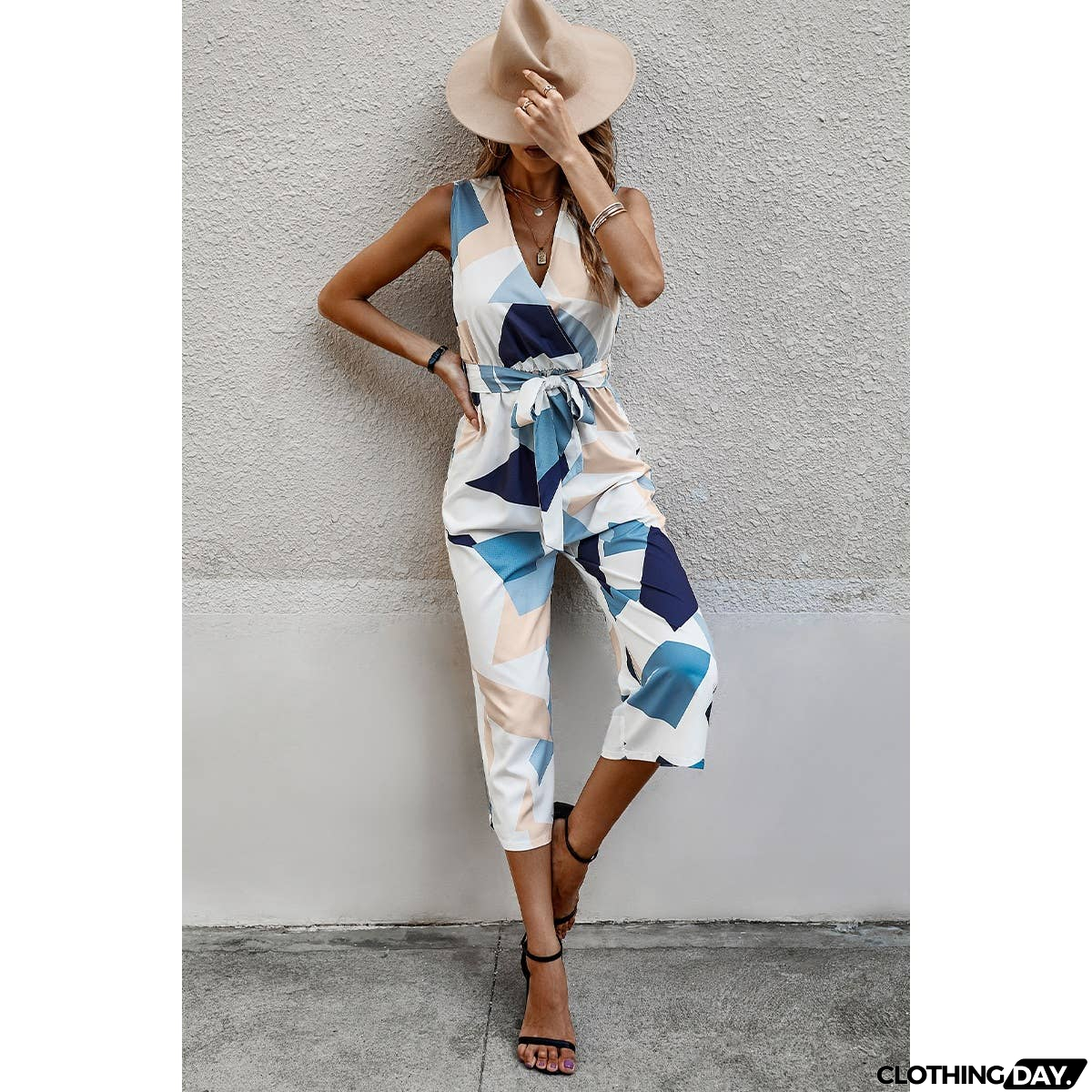 Cross Deep V Knot Belt High Waist Sleeveless Jumpsuit