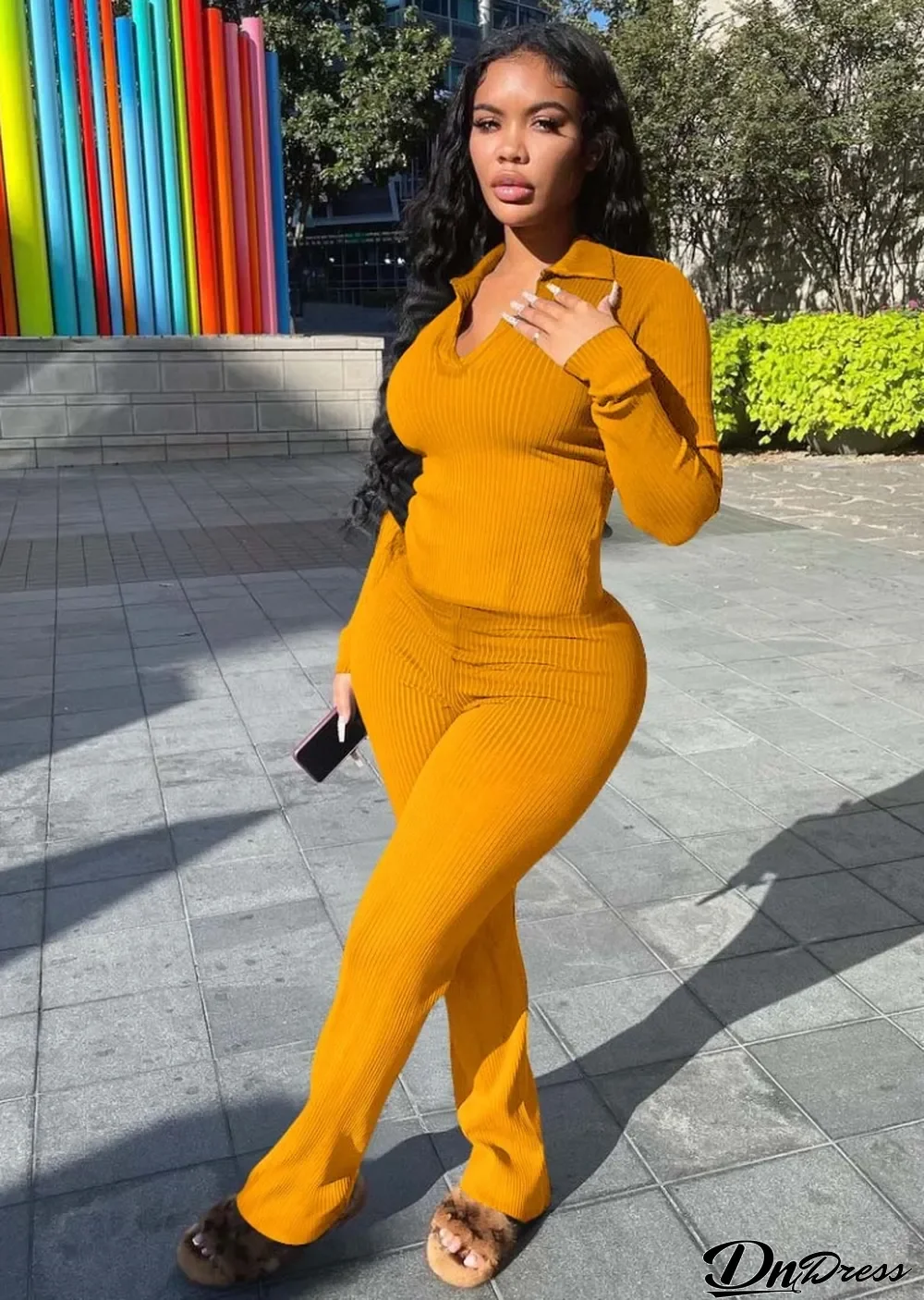 Fall Solid Ginger V-neck Turndown Collar Knitted Top and Match Two Piece Pants Set