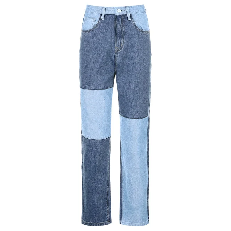 Patchwork Women's Jeans Straight High Waist Pants Vintage Boyfriends Mom Ripped Jeans Streetwear Female Fashion Denim Trousers