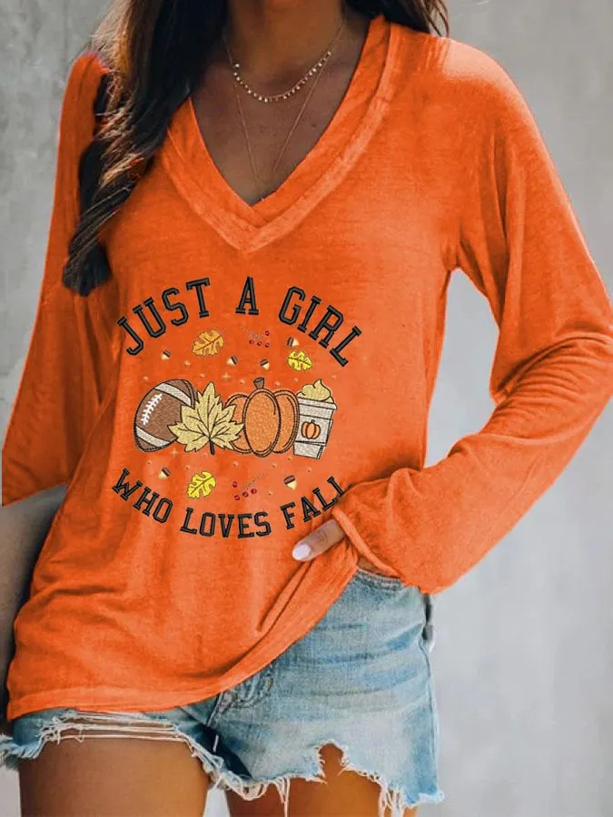 Women's Just A Girl Who Loves Fall V-Neck T-Shirt 