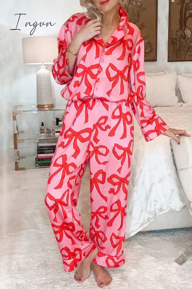 Ingvn - Casual Living Geometric Print Pocket Turndown Collar Long Sleeve Two Pieces Red / S