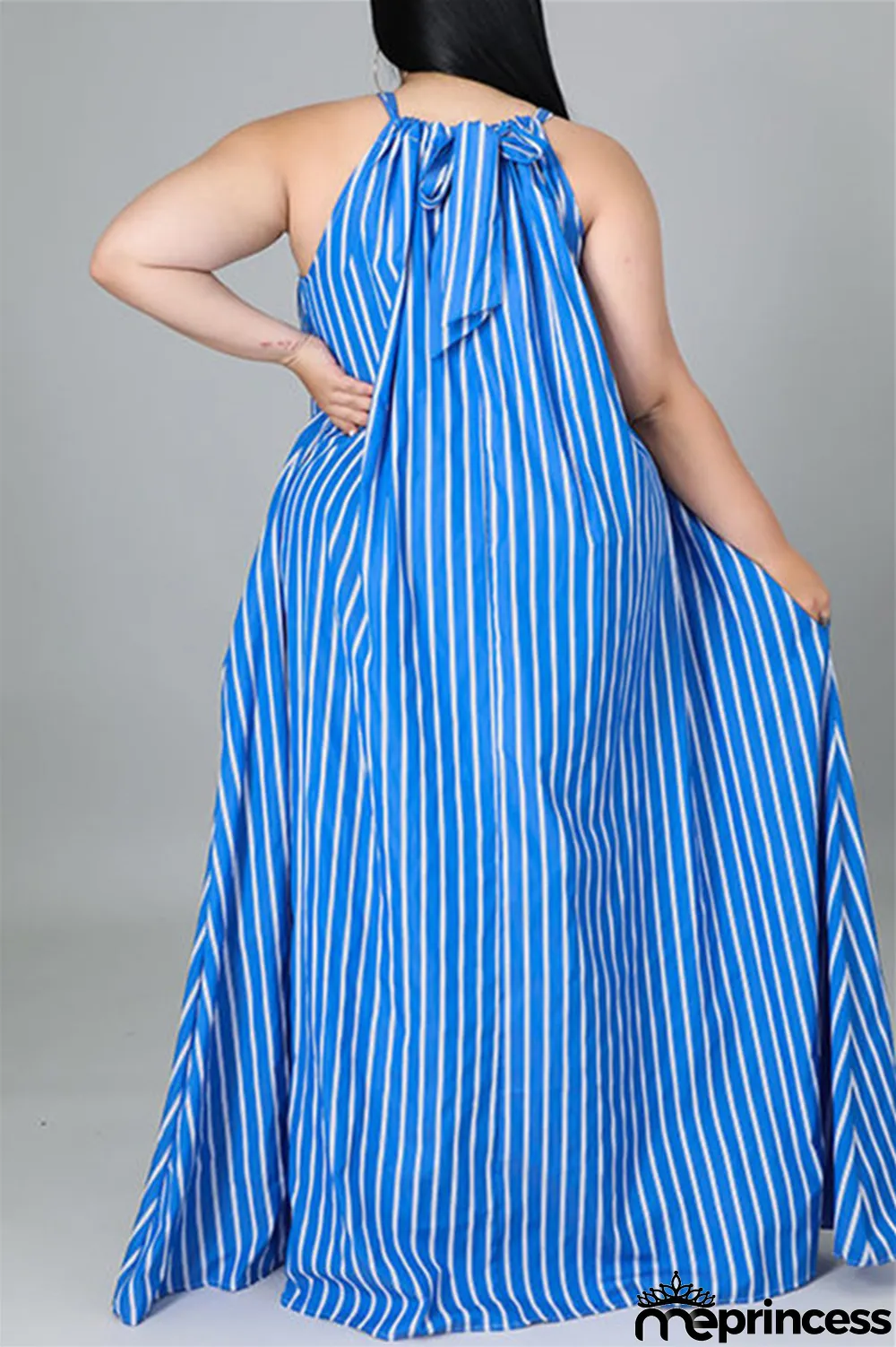 Light Blue Fashion Casual Plus Size Striped Print Backless O Neck Sleeveless Dress