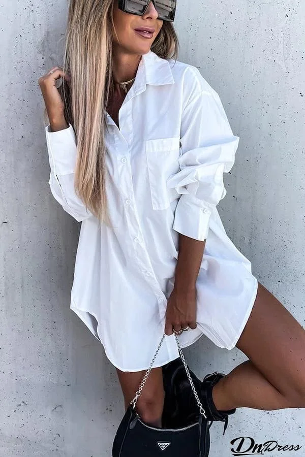 Never Easy Black/White Pocketed Shirt Dress