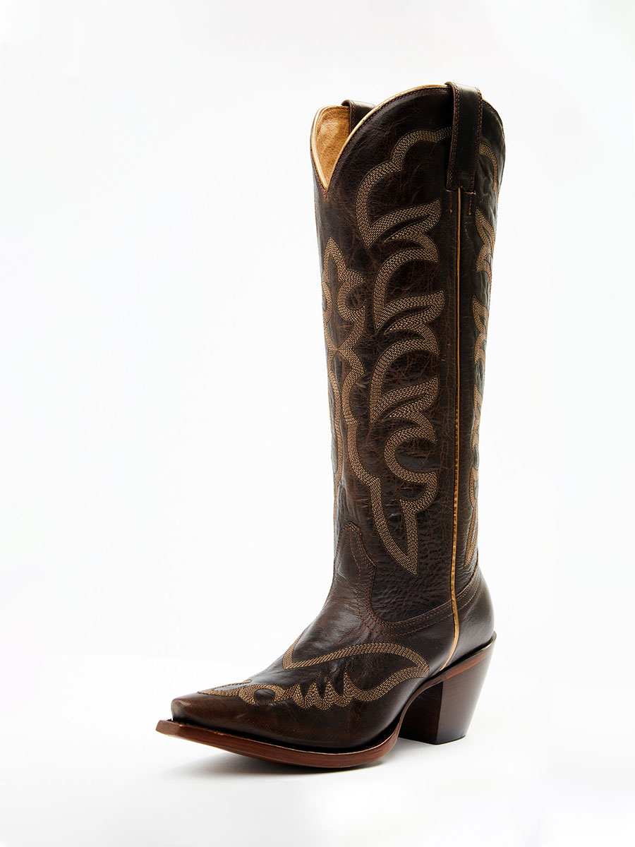 Brown Chunky Heel Embroidered Knee-High Western Boots for Women