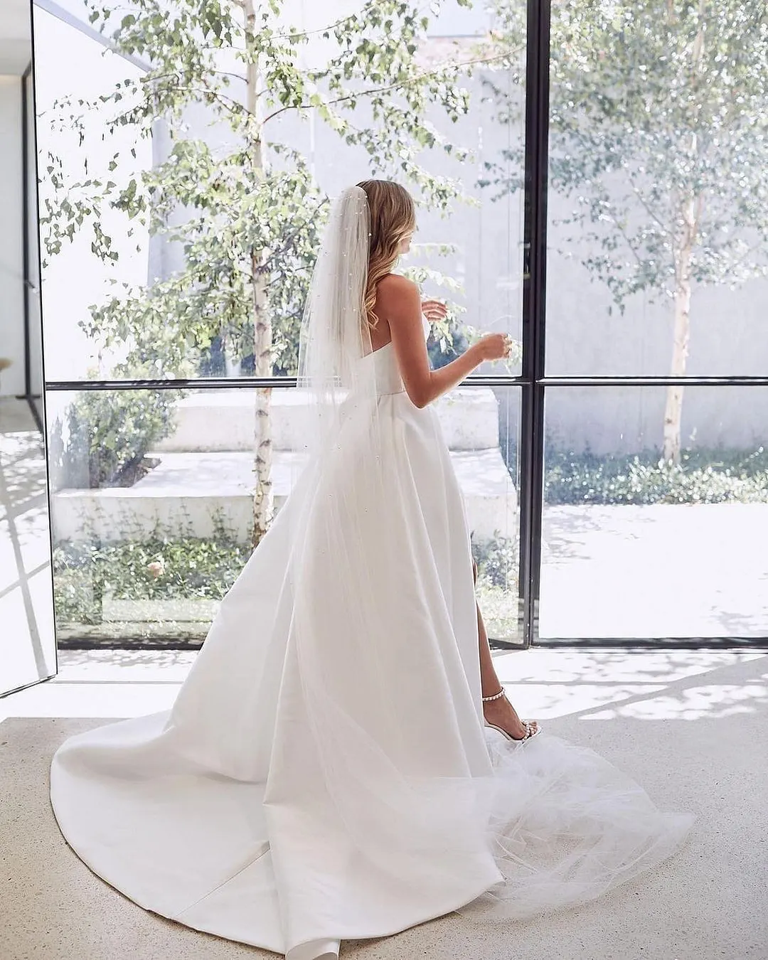 Dreamy A Line Halter Satin Slit Long Wedding Dresses C4329